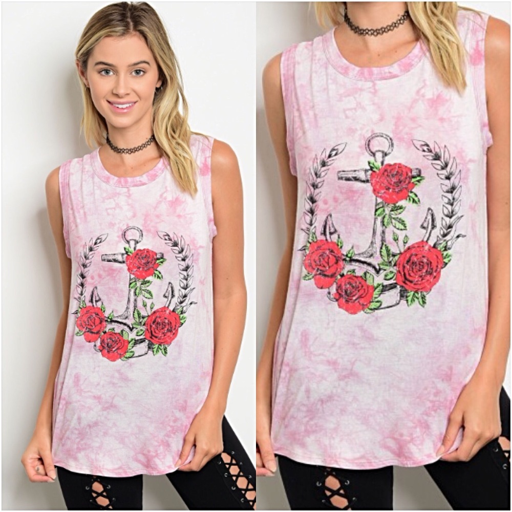 📍SALE Anchor Roses Tie Dye Sleeveless Tee L - Picture 2 of 5